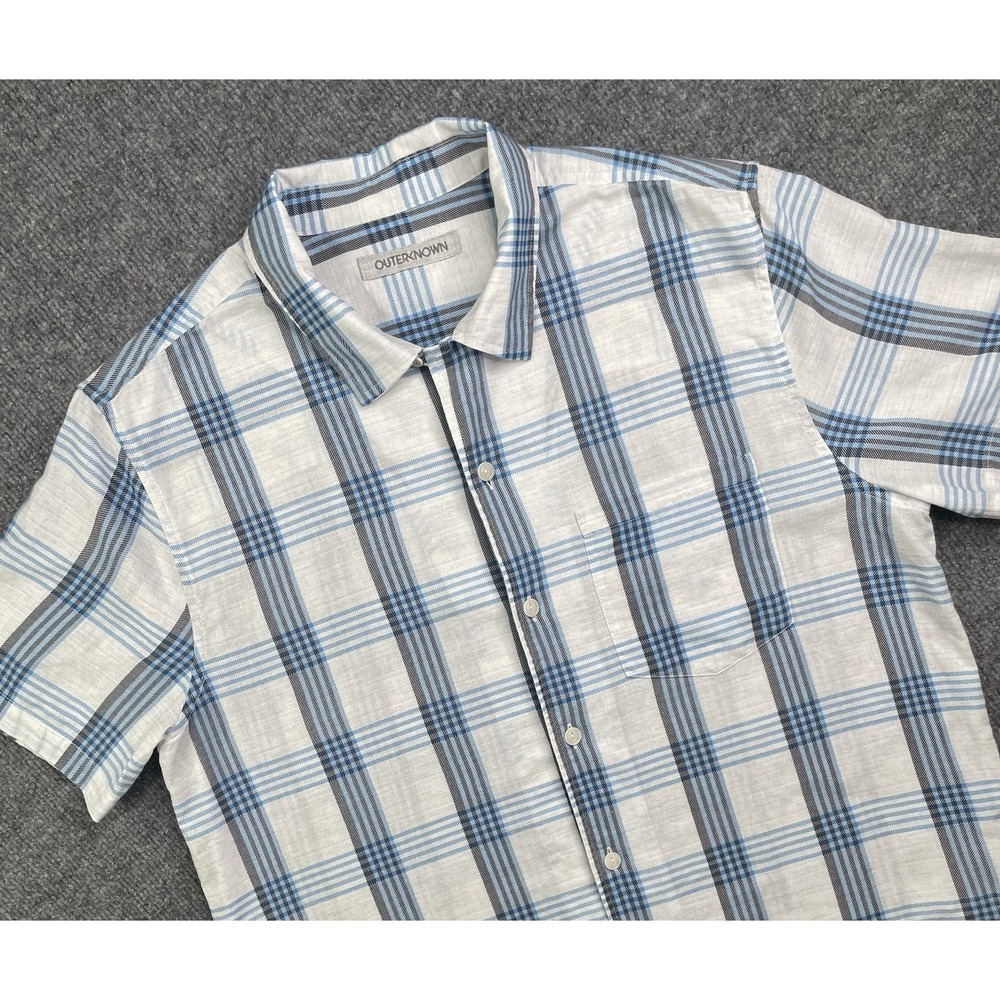 Outerknown Shirt Men's M White Blue Plaid Button Up Camp Loop Collar Organic
